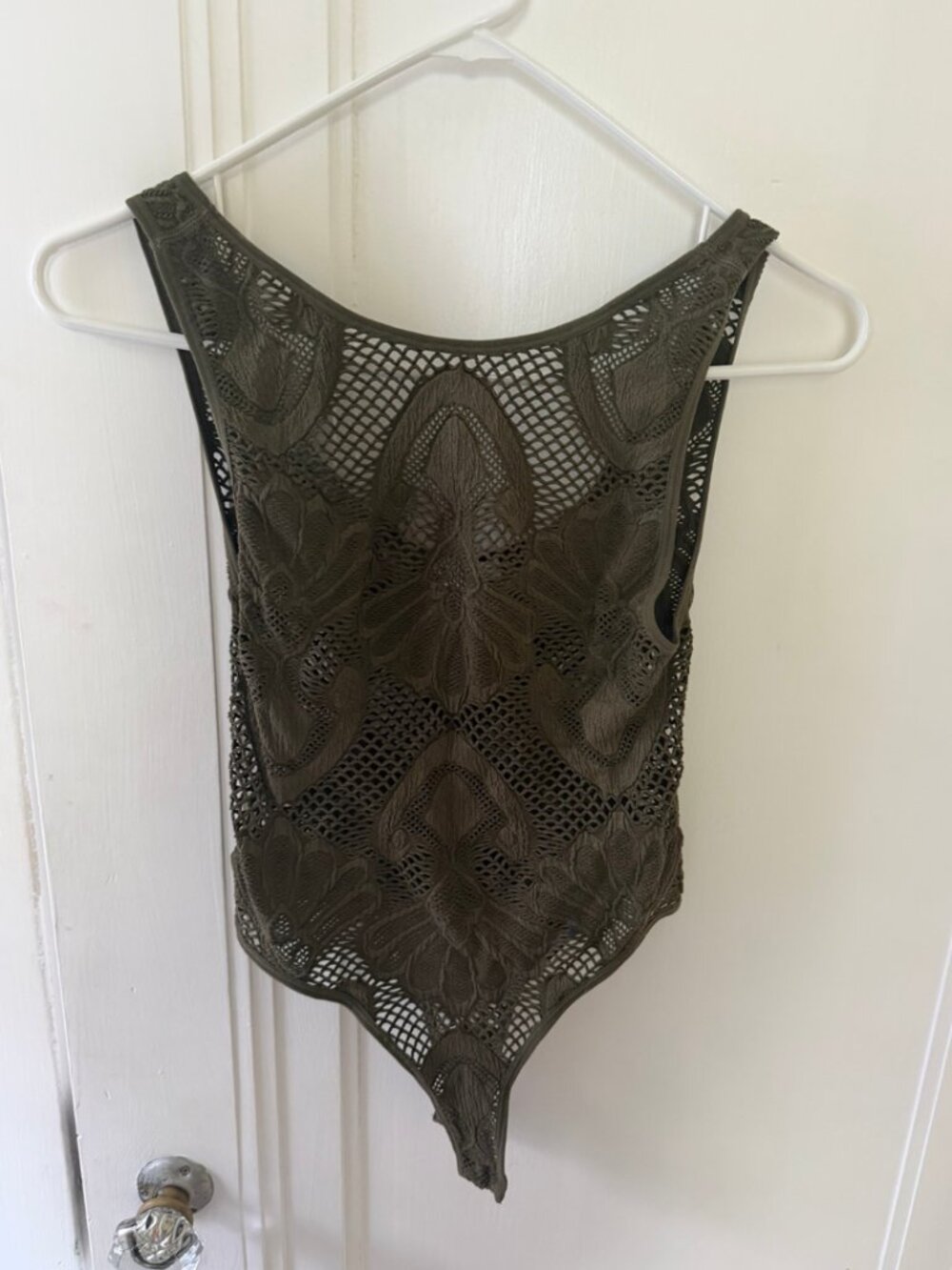 Zara Olive Green Crochet Mesh Bodysuit XS-S Boho Festival Sheer